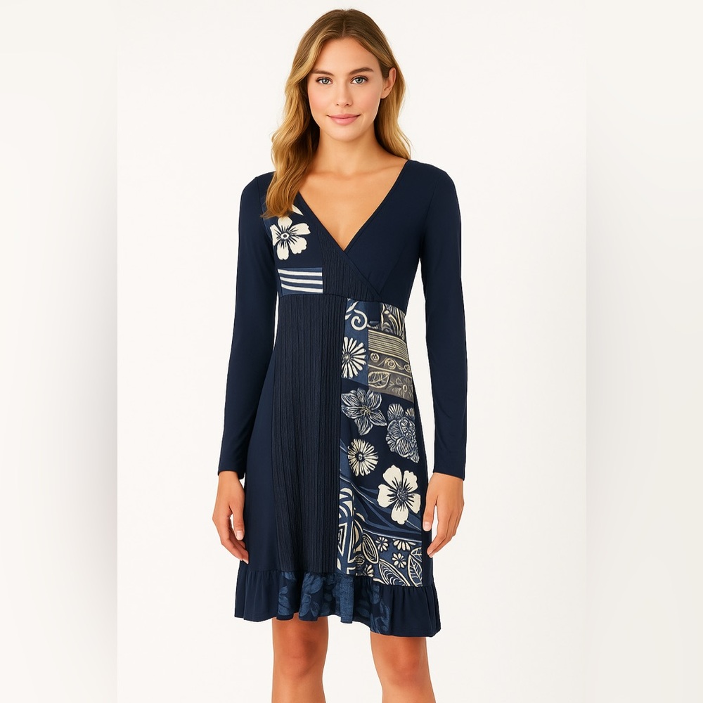 Just Funky Navy Blue Mixed Media Layered Skirt Long Sleeve Dress Sz L EUC